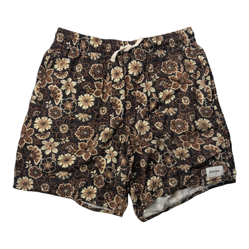 Rhythm Mens Floral Trunk Shorts Brown Cream Elastic Waist Surf Retro Casual S